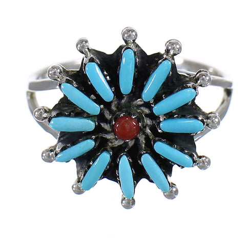 Genuine Sterling Silver Coral And Turquoise Needlepoint Ring Size 5-1/2 UX84434
